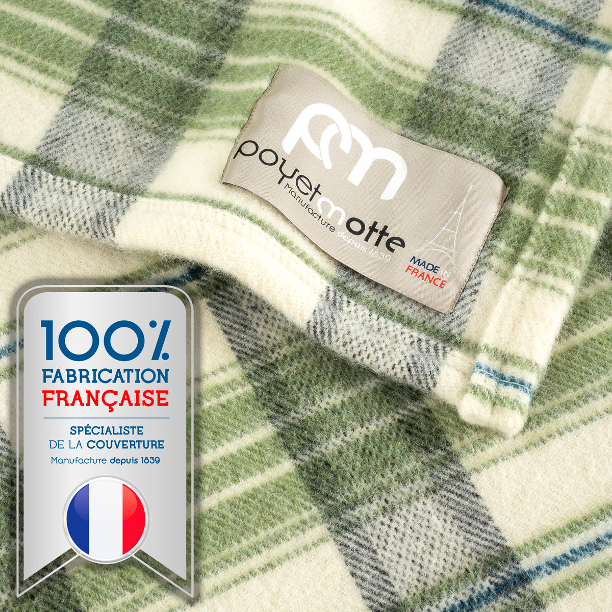Tahoe wool-blanket-450gsm-olive-poyet motte-tag-made in France