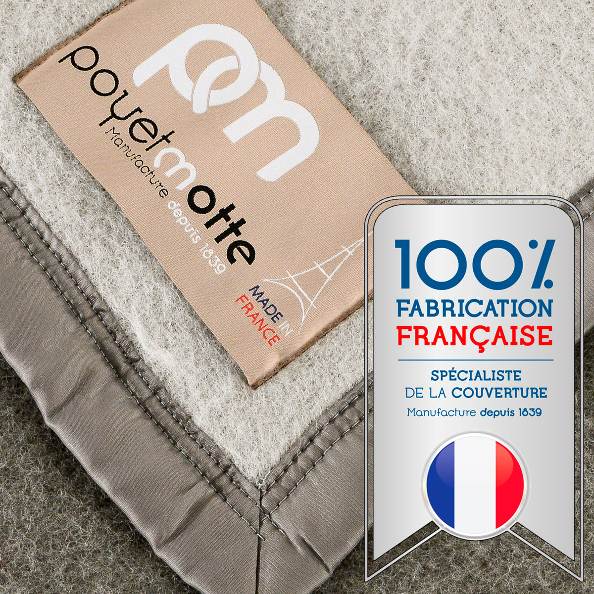 Poyet Motte Aubisque Reversible 500GSM Heavyweight 100% Wool Blanket, Grey