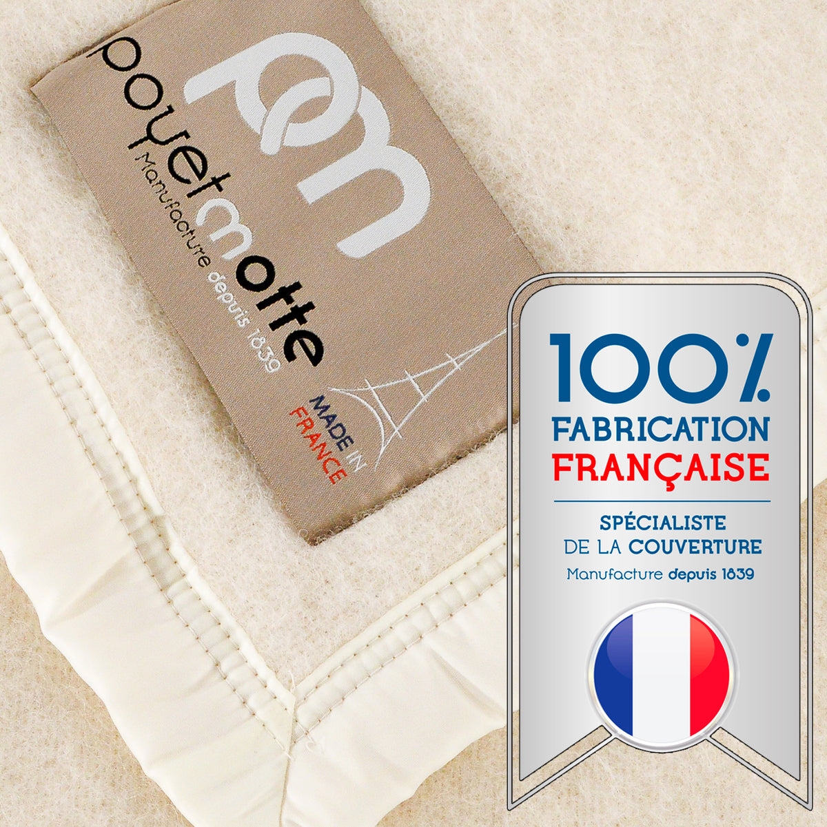 Poyet Motte Aubisque Reversible 500GSM Heavyweight 100% Wool Blanket, Natural